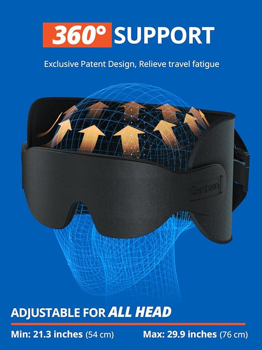 Travel Pillow for Airplanes, Ultra-Thin Breathable Airplane Pillow Alternative, Airplane Head Strap with 3D Sleep Eye Mask, 360° Support for Long Flight, Work for Seats with Headrest, Black