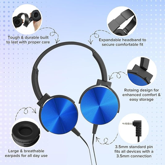 Kids Headphones Bulk 5 Pack Mixed Colors,On-Ear Premium Student Bulk Headphones,Comfy Swivel Earphones for Classroom School Library Airplane,Noise Stereo Sound 3.5mm Jack(HTC004)