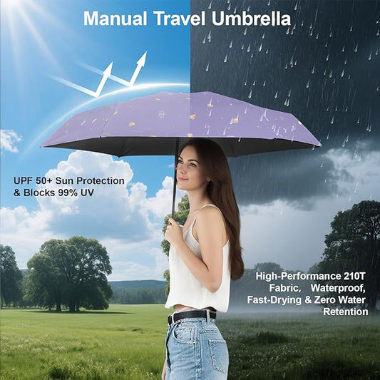 Compact Travel Umbrella - Mini Manual Umbrella for Purse, Windproof & UPF 50+ Sun & Rain Protection, Lightweight Portable Folding with Case for Women, Men,Kids