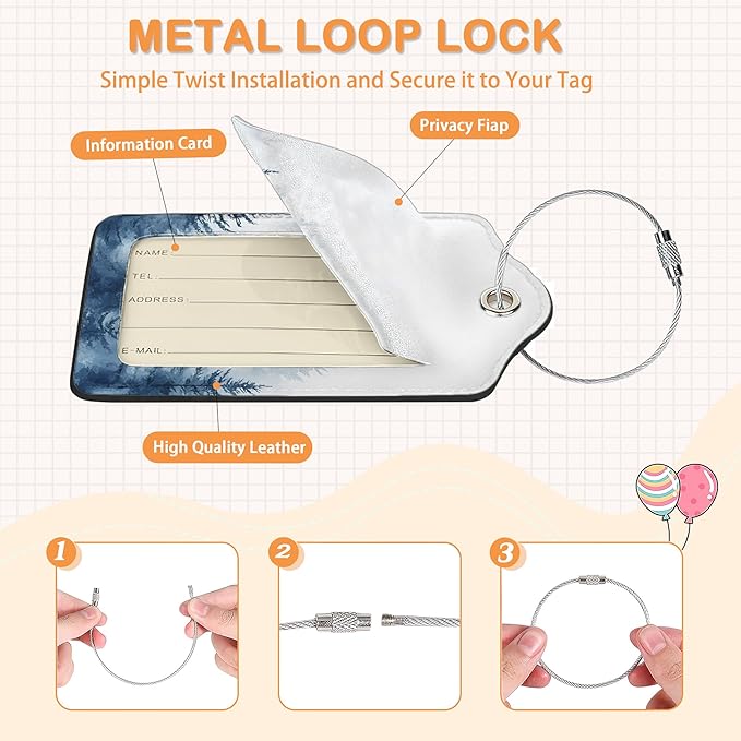 Watercolor Misty Forest PU Leather Luggage Tags for Suitcase, Travel Cruise 3 Pack with Privacy Flap, Name ID Label and Metal Loop for Women Men Girls Baggage Bag Backpack