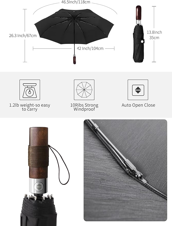 Rain Cats Large Umbrella 45 Inch diameter Umbrellas for rain Strong10 Ribs Fiberglass Windproof big Compact Automatic portable Folding Travel/Thick Fabric/Wood handle