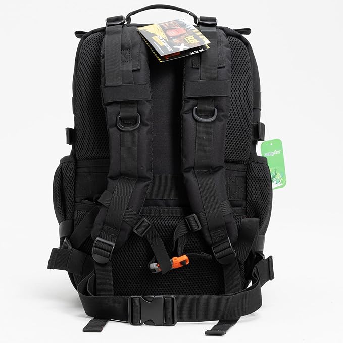Xtreme 30L Tactical Backpack – Carry On Travel and Gym Daypack with 16 inch Laptop Sleeve, Stick Holder, Double Bottle Pockets, Recycled Fabric Shell, Rain Cover (Black)
