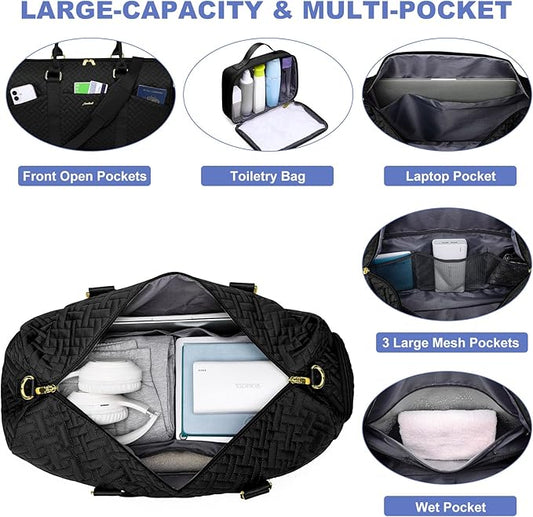 Women Weekender Travel Duffle Bag: Travel Duffel Overnight Bags with Shoe Compartment Large Carry on Tote with Toiletry Bag Weekend Traveling Yoga Gym Hospital Bag for Women with Wet Pocket Black