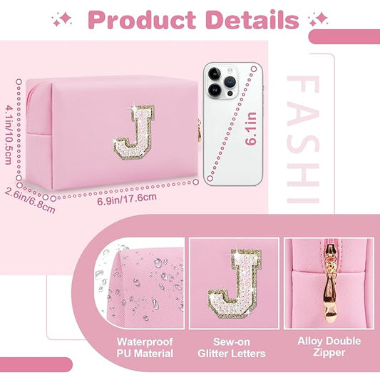Small Personalized Initial A-Z Patch Makeup Bag,Pink Cute PU Leather Glitter Letter Cosmetic Bag for Teen Girls,Travel Toiletry Bag with Zipper,Preppy Monogrammed Birthday Gift for Daughter Niece J