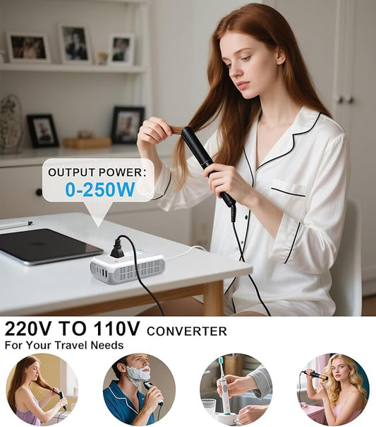 220V to 110V Voltage Converter, Mapambo 250W European Converter, Step Down Voltage Converter US to Europe, Travel Converter for Curling Iron, Straightener – 2 AC Sockets with 2 USB A & 2 USB C Ports