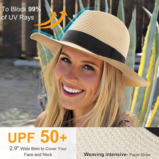 DRESHOW Women Straw Panama Hat Travel Fedora Beach Sun Hat Summer Wide Brim Straw Roll up Hat UPF 50+