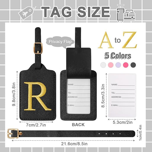 Personalized Initial Luggage Tags for Suitcase TSA Approved, Black Leather Cute Luggage Tag with Privacy Cover Name Card, Embroidered Custom Luggage Tags Travel Backpack Tags Gifts for Women Kids(R)