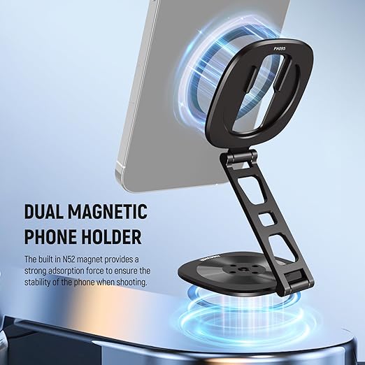 NEEWER PA095 Dual Magnetic Ring Holder for Phone, Slim Folding Magnetic Mobile Phone Holder with 1/4" Screw for Tripod Compatible with MagSafe iPhone Samsung Huawei Android for Video, PA095