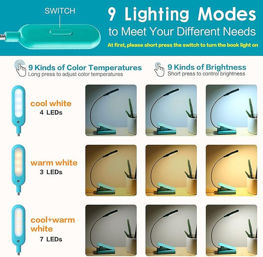 VAVOFO Clip On Rechargeable Reading Light, 7 LEDs with 3 Colortemperature 9 Brightness Levels Book Lights for Reading in Bed with Power Indicator for Bookworms (Blue 2-Pack)
