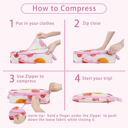 6 Pcs Compression Packing Cubes, Packing Cubes for Travel, Waterproof Luggage Organizer Bags Set, Cute Packaging Cubes for Women Kids Backpack Carry-Ons