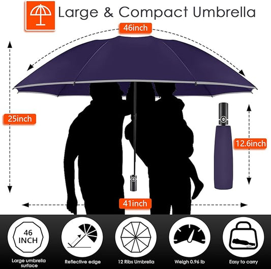 Bodyguard Inverted Umbrella - Large Windproof for Rain & Sun, Compact Reverse With Reflective Stripe, Teflon-Coated for Women Men, Travel Folding With Cover Bag