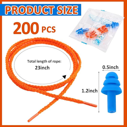 Xuhal 200 Pairs Corded Ear Plugs Silicone Earplugs with Cord Individually Wrapped Reusable Earplugs Sleep Noise Cancelling Hearing Protection for Snoring Shooting Studying Construction (Blue)