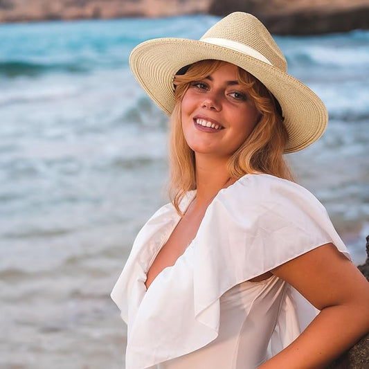 DRESHOW Women Straw Panama Hat Travel Fedora Beach Sun Hat Summer Wide Brim Straw Roll up Hat UPF 50+