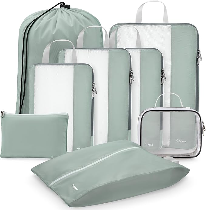 Gonex 8 Set Compression Packing Cubes for Travel Essentials, Expandable Mesh Organizer with Toiletry, Laundry, Shoe, Cable Bags for Suitcases, Gray