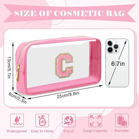 Personalized Initial Letter Clear Makeup Bag,Preppy Small Nylon&PVC Cosmetic Zipper Bag with Chenille Letter,Portable Beach Travel Skincare Toiletry Bag,Trendy Monogram Gift for Teen Girls Women,C