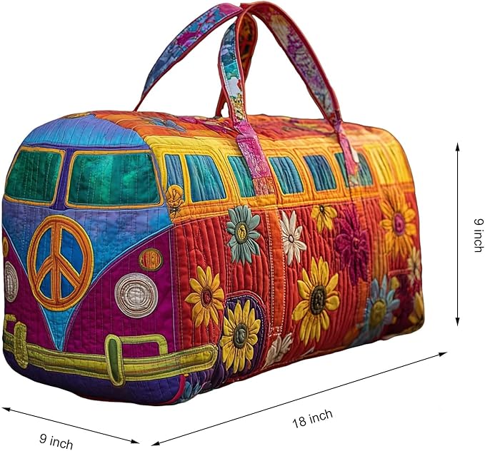 Hippie Journey Quilted Duffel Bag Hippie Van Travel Duffel Bag Vintage Floral Weekender Overnight Bags Women Gym Bags