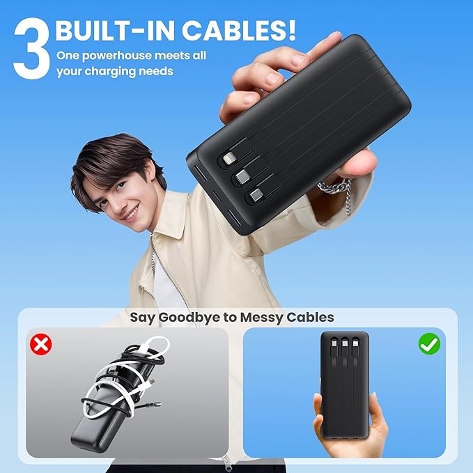 Portable Charger 50800mAh Power Bank with 3 Built-in Cable,25W PD USB C Power Bank Fast Phone Charging,QC4.0 LED Display Travel Outdoor Portable Battery Pack for iPhone 17/16/15, Galaxy Android-Black