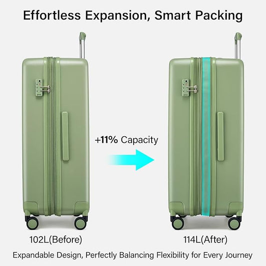 Hanke Expandable 28 Inch Luggage with Spinner Wheels, Hardside Large Suitcase, All-PC Hard Shell Checked Luggage, TSA Lock, Durable Checked-Large (Bamboo Green, 114L)