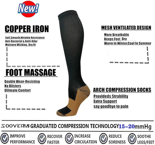 Graduated Copper Compression Socks for Men & Women Circulation 8 Pairs 15-20mmHg - Best for Running Athletic Cycling