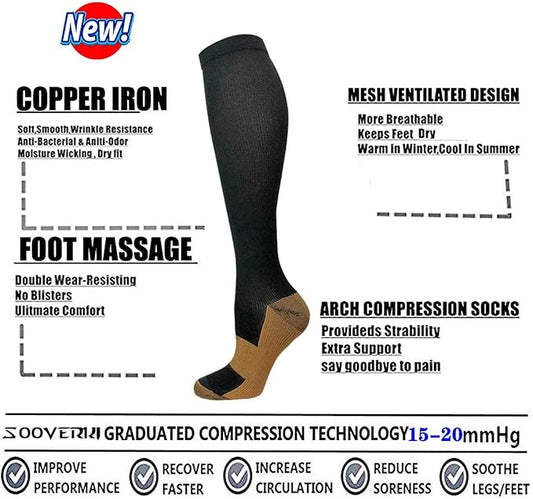 Graduated Copper Compression Socks for Men & Women Circulation 8 Pairs 15-20mmHg - Best for Running Athletic Cycling