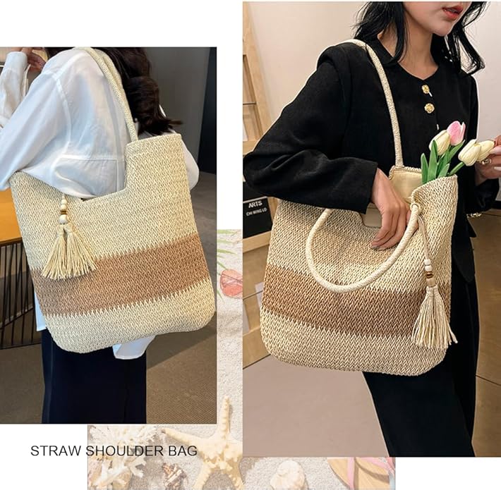 Straw Beach Bags for Women Woven Beach Tote Bag Casual Boho Large Shoulder Handbags Purse for Vacation Holiday