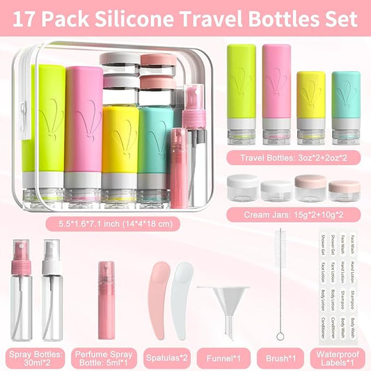 INSFIT Travel Bottles for Toiletries, 17 Pack Travel Size Toiletries, Leakproof Silicone Travel Bottles Set, TSA Approved Travel Accessories for Women, Beach Vacation Cruise Ship Essentials