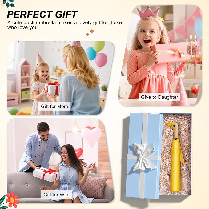 Duck Handle Umbrella Kids - Compact Portable Folding Lightweight Small Strong Wooden Duck Windproof Travel Umbrella for Kids Gifts