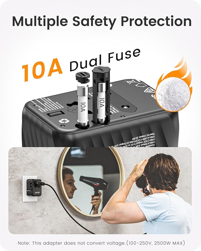 LENCENT Universal Travel Power Adapter, 30W International Wall Charger with 3 USB C 2 USB A Fast Charging, Worldwide Plug Adaptor Travel Essentials for US to EU UK Ireland Australia Type C/G/A/I Black