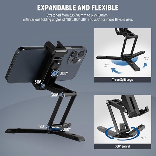 NEEWER Phone Tripod Mount with Cold Shoes, Metal Smartphone Tripod Adapter Compatible with iPhone, Multi Angle Tri Fold Cell Phone Holder, Handheld Phone Grip for Streaming Vlog SP-04
