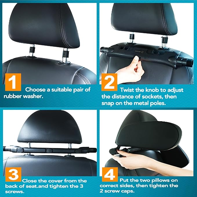 JZCreater Car Headrest Pillow, 180°Adjustable Head Neck Support Pillow, U- Shaped, Travel Sleeping Car Headrests, Only for Car Seat Headrest with 2 Metal Poles, Not for Fixed or Integrated headrests