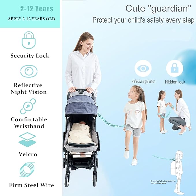 Toddler Harness Walking Leash- Child Anti Lost Wrist Link - Child Safety Harness - Upgrade with Reflective(6.5ft) - for Boys and Girls,Not Easy to Open Without Key (Cyan)