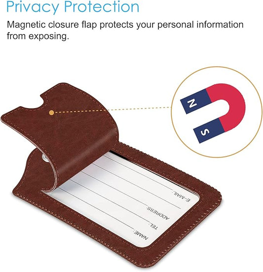 Fintie Luggage Tags, Privacy Cover ID Label with Stainless Steel Loop and Address Card for Travel Bag Suitcase - Retro Brown (2 Piece)