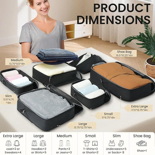 BAGAIL 4 Set/6 Set/8 Set Compression Packing Cubes Travel Accessories Expandable Packing Organizers (Half Mesh, 6-Black)