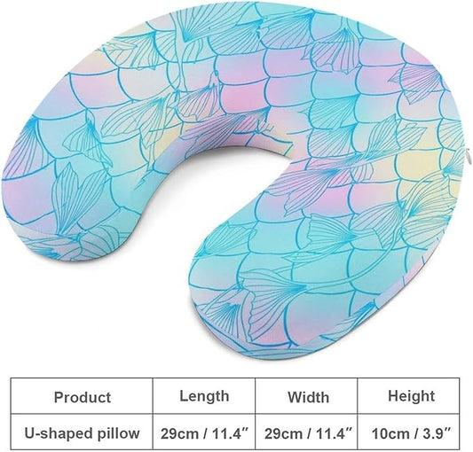 Travel Neck Pillow Memory Foam U Shaped Cushion Colourful Fish Scale Magic Mermaid Tail, Washable Cover for Airplane Car Office Home Sleeping Pain Relief
