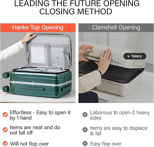 Hanke 24 Inch Checked Luggage Front Opening Rolling Suitcase Hard Sided Luggage with Spinner Wheels Travel Luggagefor Woman Men.(Dark Green)