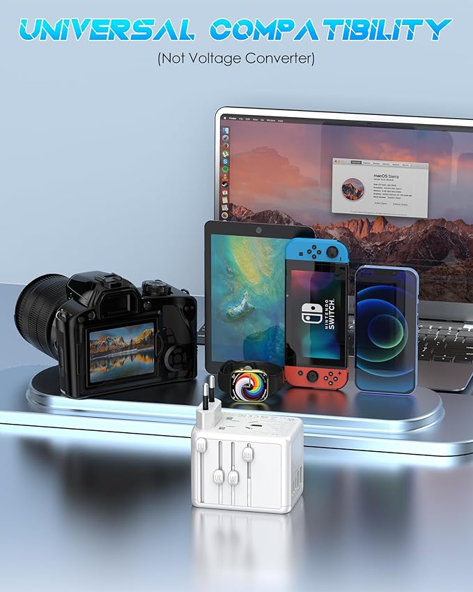 Universal Travel Adapter, 6.0A 5 USB Ports (3 USB C) & 2500W AC Outlet, International Power Plug Adapter Worldwide Travel Wall Charger Multi Plug for Europe UK US AUS (Type C/G/A/I, White)