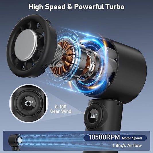 CIVPOWER Handheld Fan: Portable Small Ice Cooling Plate- 4000mAh Rechargeable 100 Gear High-Speed Turbo 10500 RPM - Personal Foldable Battery Operated for Travel Indoor Outdoor Women Men (Black)