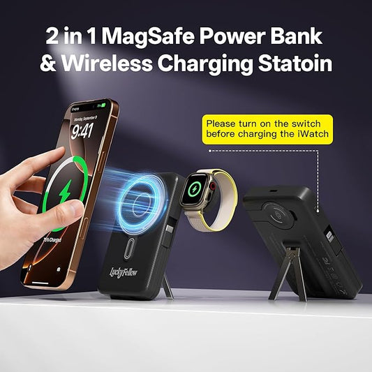 Magnetic Portable Charger Built-in Cables,10000mAh Fast Charging Wireless Charger Station External Battery Pack Slim Pocket Size Power Bank with Stand Compatible with iWatch, iPhone and Android Phones