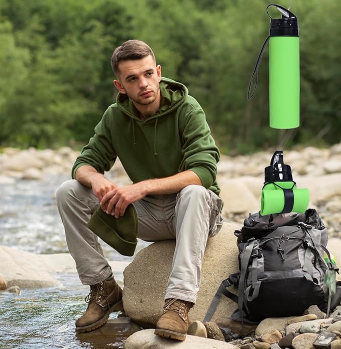 ZZT Collapsible Water Bottles 20oz, BPA Free,Sports Water Bottle,Foldable Travel Water Bottle with Straw Strap for Gym,Cycling, Hiking, Outdoors (Green)