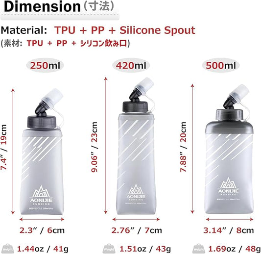 Azarxis TPU Soft Flask Collapsible Water Bottles BPA-Free 250ml 350ml 500ml 600ml for Hydration Vest Pack Running Hiking Cycling Climbing