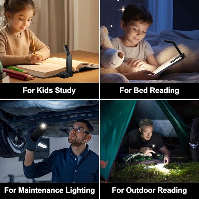 [2 Pack Rechargeable Book Light for Reading in Bed,Foldable Clip-On Reading Light,Lightweight 3 Color Amber Eye Care & Stepless Dimming,80H Lasting LED Lamp for Book Lovers,Travel/Black+White