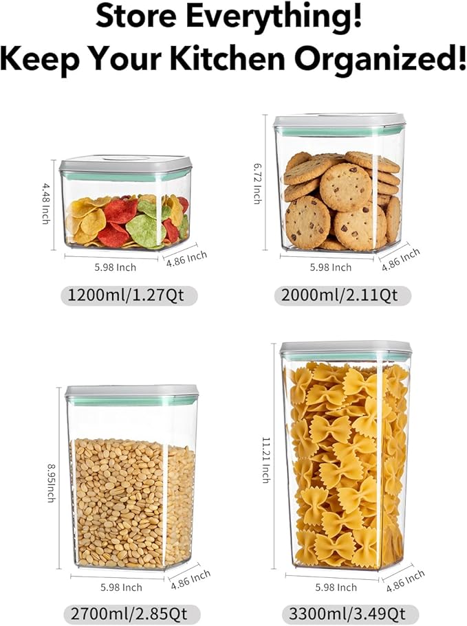 EQI Airtight Food Storage Container with One-Touch Lid, 12-Piece Set (1.3, 2.1, 2.9, 3.6 QT* 3) Stackable Durable BPA-Free for Baking Supplies, Pasta & Systematic Bulk Organization