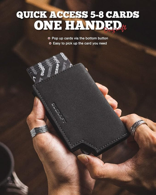 DUGRAFT Bifold Pop Up Wallet for Men, Slim Leather Credit Card Holder with Zipper Minimalist Women Magnetic Cash Coins Pocket Wallets RFID Blocking(Black)