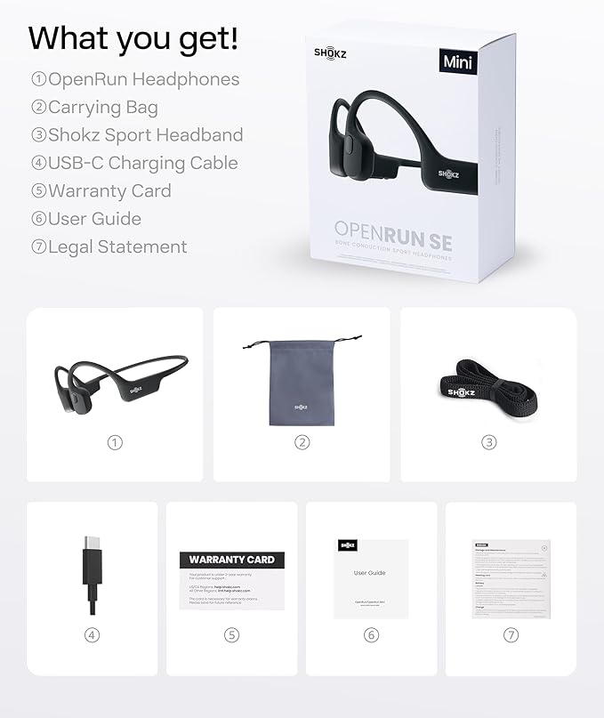 SHOKZ OpenRun Mini with USB-C Charging-Bone Conduction Headphones, Open-Ear Bluetooth Wireless Sport Headphones for Running & Workout, Sweat Resistant, Long 8H Playtime, Mic, with Hair Band - Black