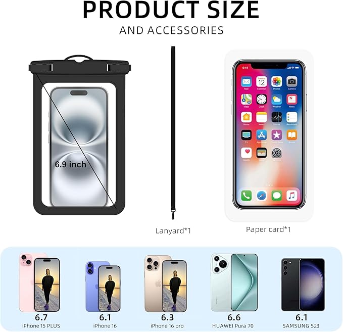 [Up to 6.9" 2 Pack Waterproof Phone Pouch Case,Waterproof Phone Bag for iPhone 17 16 15 14 13 Pro Max Plus Galaxy S25 S24 Ultar Plus+,IPX8 Cellphone Dry Bag Beach Travel Essentials-Black