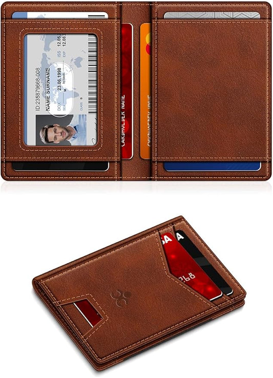 Wallet for Men Slim Leather Wallets for 9-13 Cards, RFID Blocking Thin Card Holder Wallet with ID Window & Stretchable Cash Slot, Minimalist Bifold Small Wallet for Front Pocket, Birthday Gift for Men
