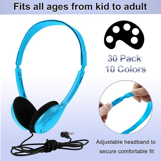 Yunsailing 30 Pack Bulk Over Ear Headphones Set On Ear Headsets Earphones with Adjustable Headband and 3.5mm Plug for Group Learning, Computer Lab, Library, Online Lesson (Vivid Color)