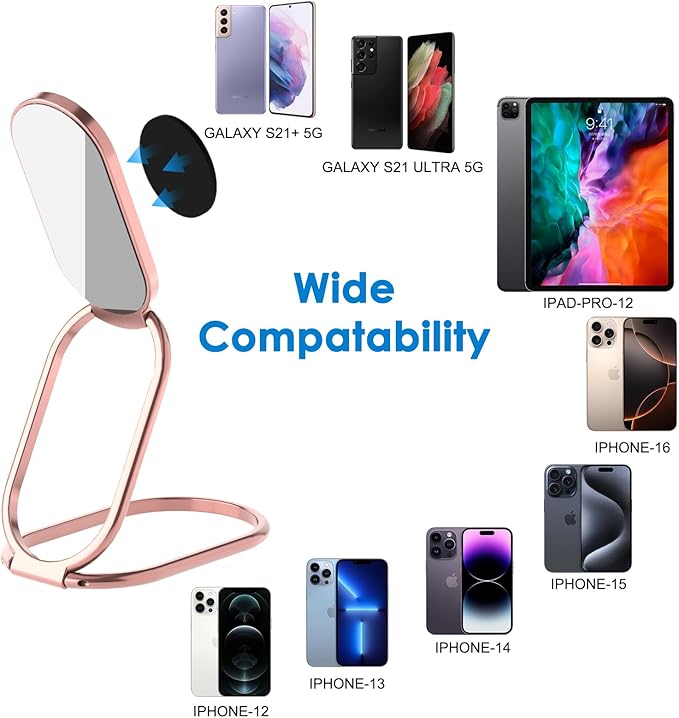 Phone Holder Foldable Phone Stand Phone Ring Holder Finger Kickstand 360° Rotation Cell Phone Stand Metal Phone Grip for Magnetic Car Mount Sticky Phone Grip Compatible with Most Smartphones