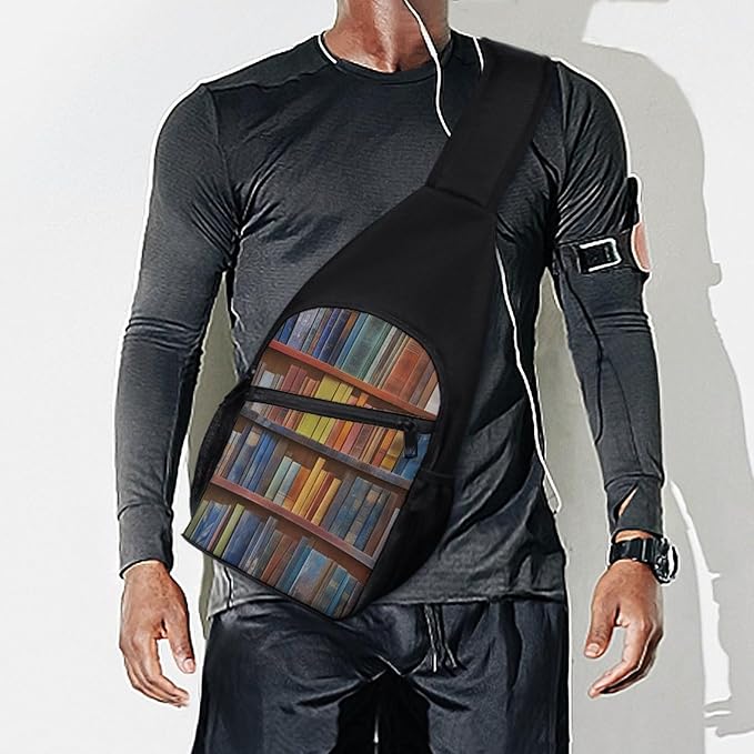 SWEET TANG Men's Crossbody Bag Anti Theft Shoulder Backpack, Funny and Chest Bags Vintage Library Bookshelf Bookcase for Fishing Cycling Hiking, Lightweight and Large Capacity