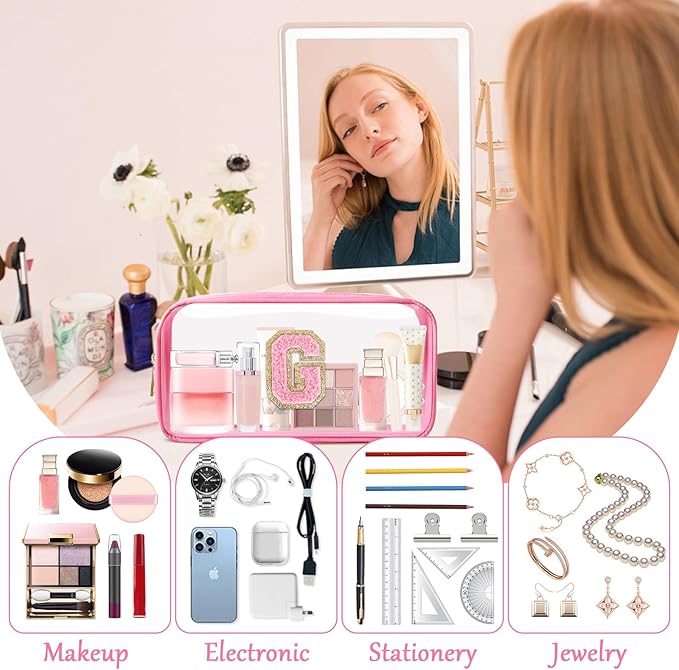 Personalized Initial Letter Clear Makeup Bag,Preppy Small Nylon&PVC Cosmetic Zipper Bag with Chenille Letter,Portable Beach Travel Skincare Toiletry Bag,Trendy Monogram Gift for Teen Girls Women,G